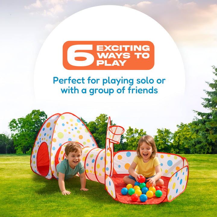 Outdoor play set with a tunnel and ball pit on a grassy lawn, with two children playing inside. Large promotional text at the top reads '6 EXCITING WAYS TO PLAY' and 'Perfect for playing solo or with a group of friends.