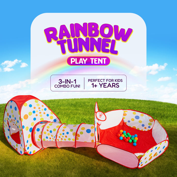A 3-in-1 play tent combo set displayed on a green grass field under a blue sky. The set includes a small pop-up playhouse with a ball pit, a tunnel, and a small climbing tower, decorated with a white base and multicolored polka dots.