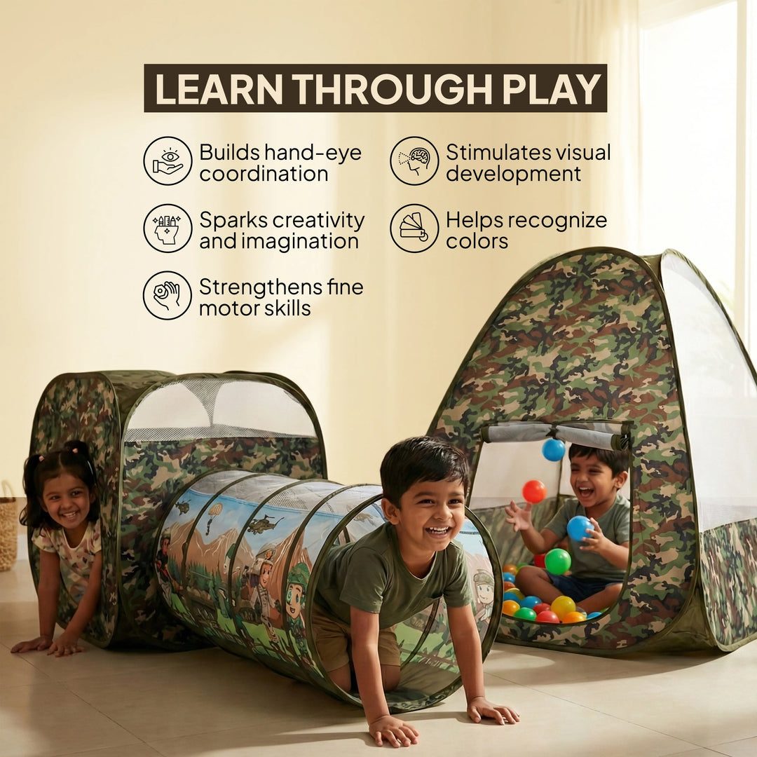 Children playing with a camouflage pop-up play tunnel and tent set in a bright indoor room. Text on the image lists developmental benefits such as hand-eye coordination, visual development, creativity, and motor skills.