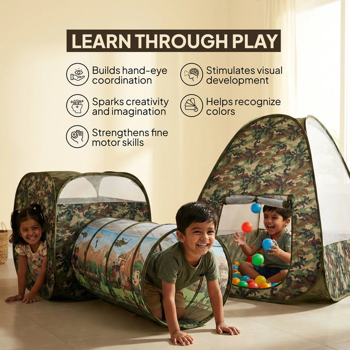 Children playing with a camouflage pop-up play tunnel and tent set in a bright indoor room. Text on the image lists developmental benefits such as hand-eye coordination, visual development, creativity, and motor skills.