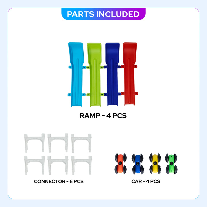 Parts included graphic showing four colorful plastic ramps in blue, green, dark blue, and red, six white connector pieces, and four toy cars in red, blue, yellow, and green.