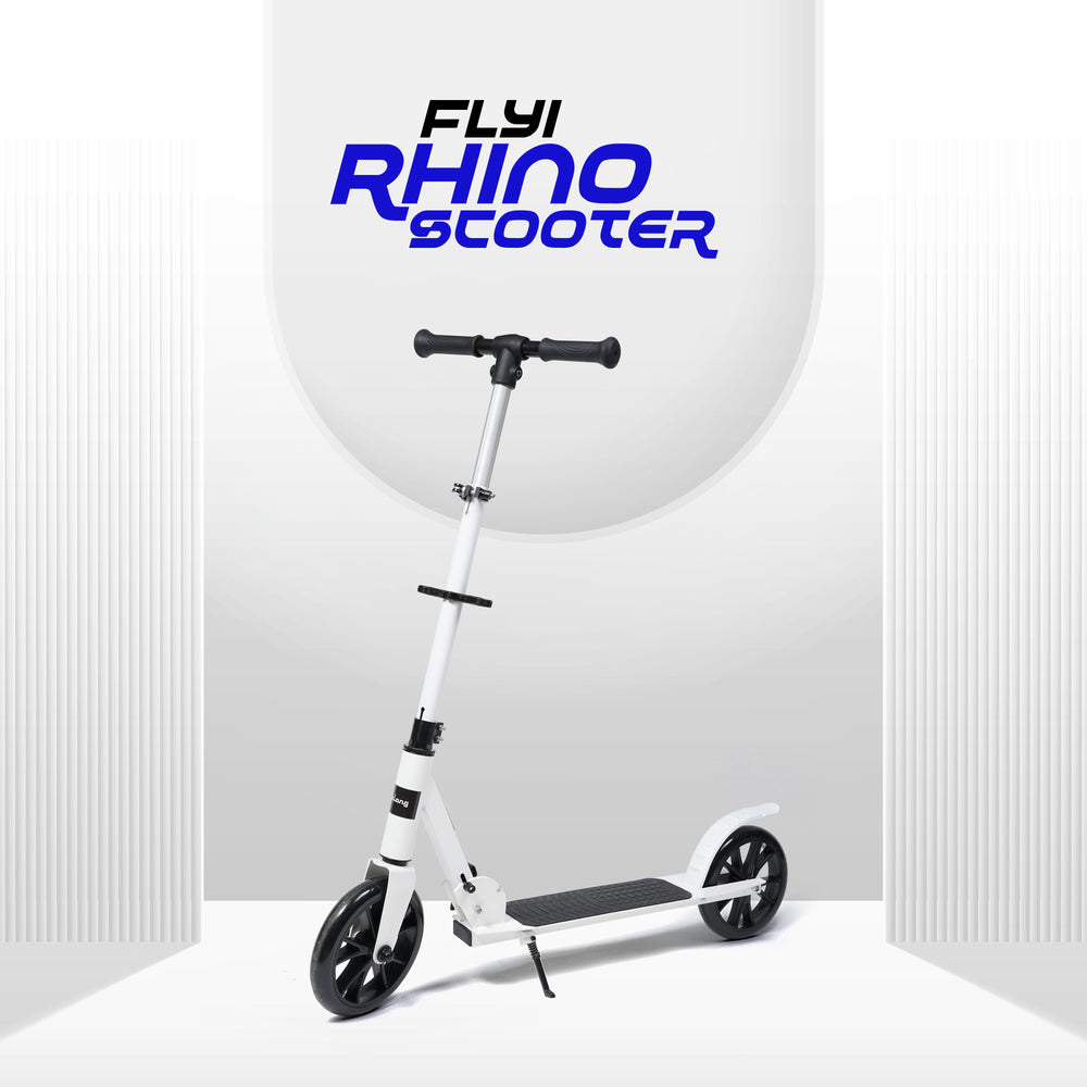 A white and black electric scooter with a large black and blue 'FLYI RHINO SCOOTER' logo graphic in the background, set against a clean white studio backdrop.