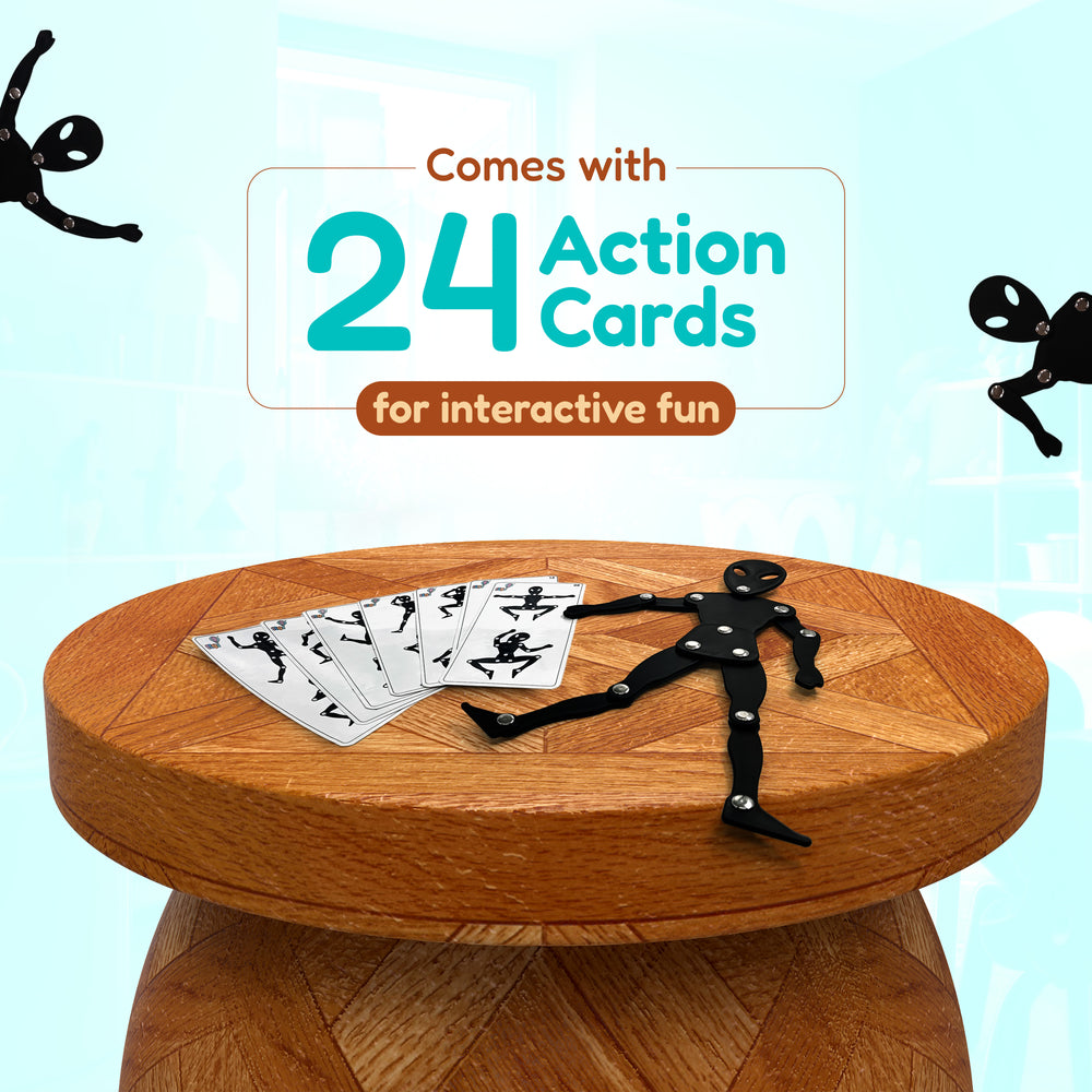 Wooden table with FLYI action figures and cards on a light blue background