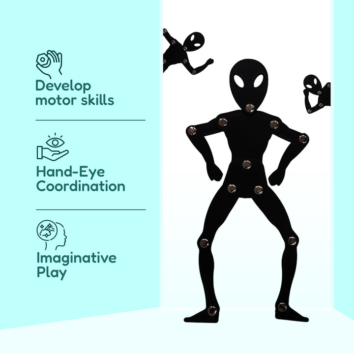 Black silhouette of a character with buttons, set against a light blue background with text about motor skills and play.