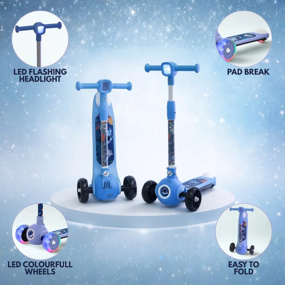 Two blue children's scooters with features highlighted on a blue background