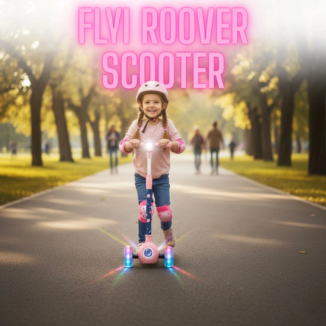 Child riding a scooter in a park with 'FLVI ROOVER SCOOTER' text overlay.