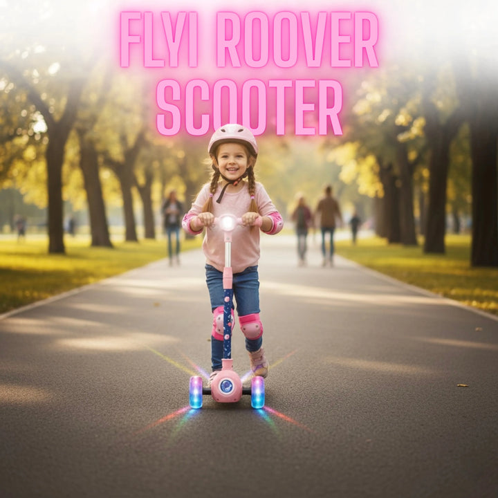 Child riding a scooter in a park with 'FLVI ROOVER SCOOTER' text overlay.