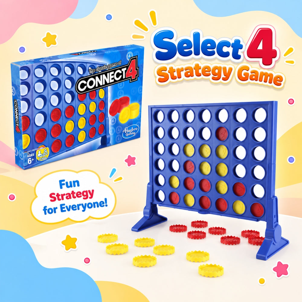 Connect 4 Strategy Game set with a blue game board, blue storage bins, red and yellow discs, and the retail box on a colorful pastel background. Large text reads 'Select 4 Strategy Game' and 'Fun Strategy for Everyone!'.