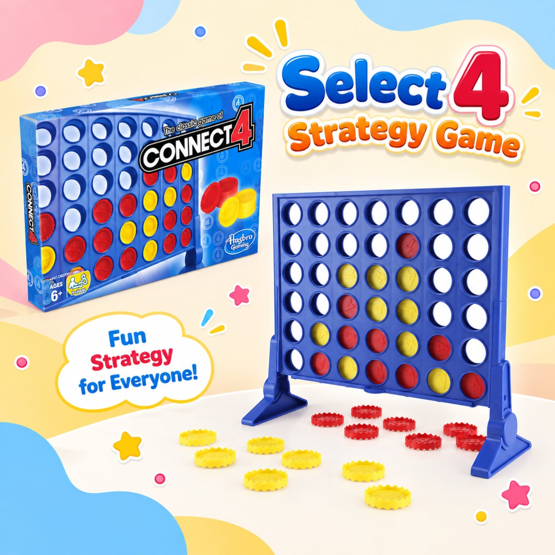 Connect 4 Strategy Game set with a blue game board, blue storage bins, red and yellow discs, and the retail box on a colorful pastel background. Large text reads 'Select 4 Strategy Game' and 'Fun Strategy for Everyone!'.