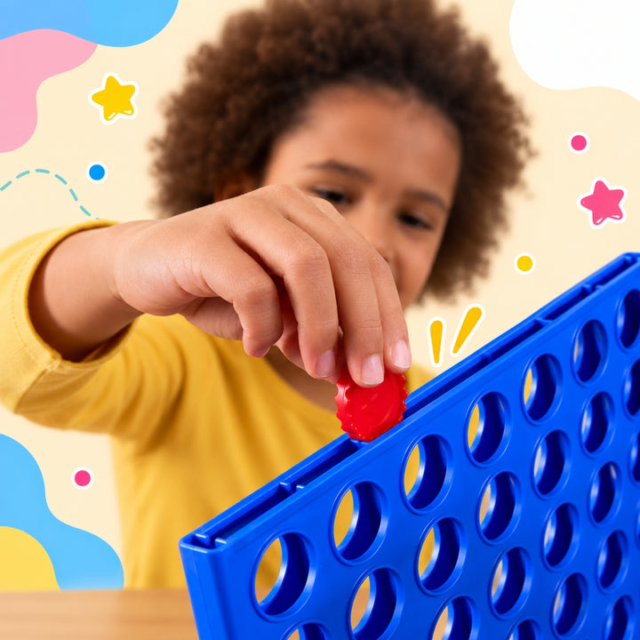 A child in a yellow shirt places a red Connect 4 piece into a blue Connect 4 game board, with a playful colorful background.