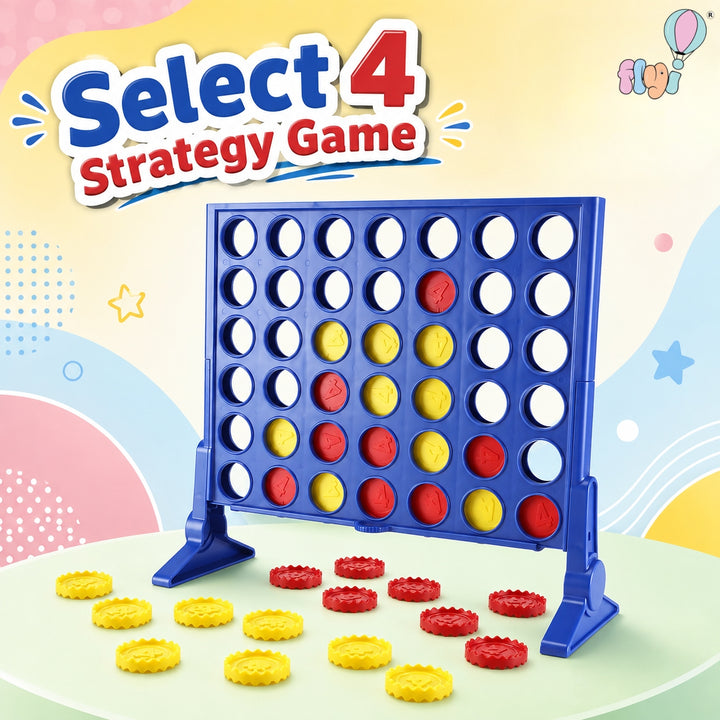 A blue Connect-Five style strategy game board with red and yellow discs, shown on a pastel decorative background with the text 'Select 4 Strategy Game' and several loose discs in front.