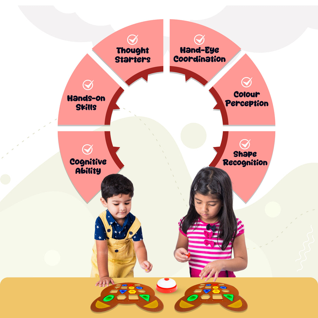 Child playing with FLYI shape matching game during a hands-on activity.
