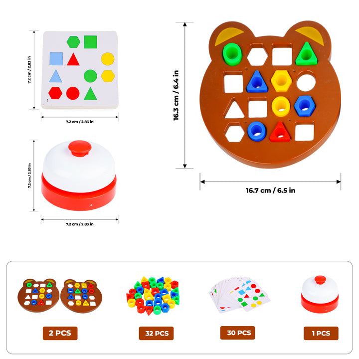 Educational toy set with shapes and measurements on a white background