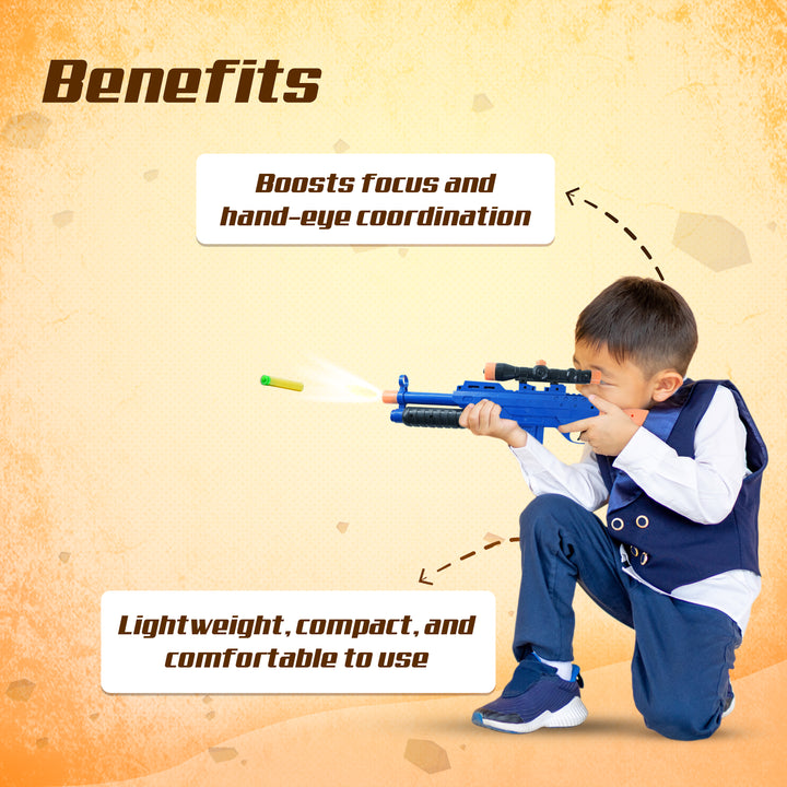 Child playing with a FLYI toy gun on a textured orange background with text about benefits.
