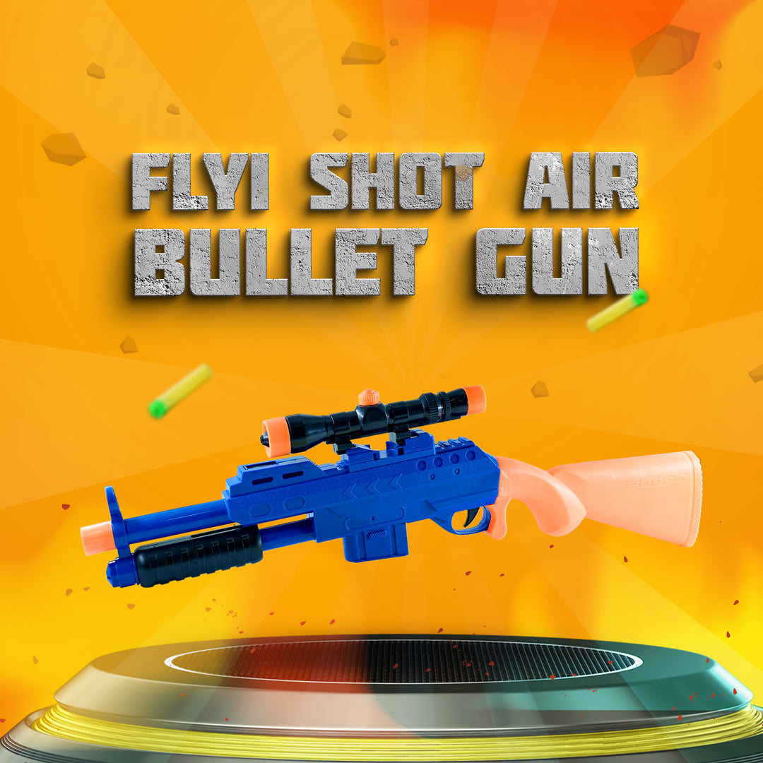 Toy air bullet gun with 'Flyi Shot Air Bullet Gun' text on a bright yellow background