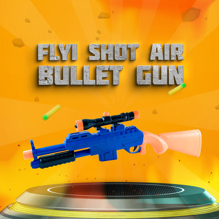Toy air bullet gun with 'Flyi Shot Air Bullet Gun' text on a bright yellow background