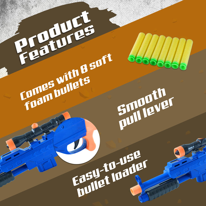 Product features of a FLYI blue toy gun with text on a brown background