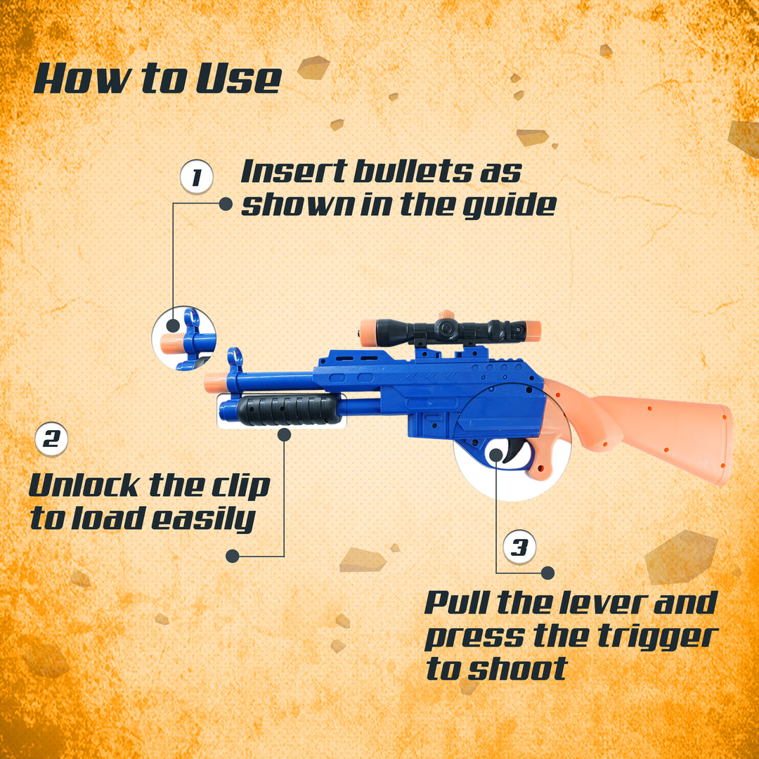 Instructions on how to use a FLYI toy gun with a textured orange background