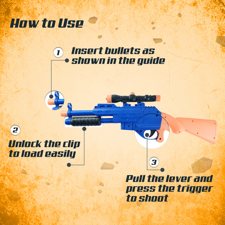 Instructions on how to use a FLYI toy gun with a textured orange background