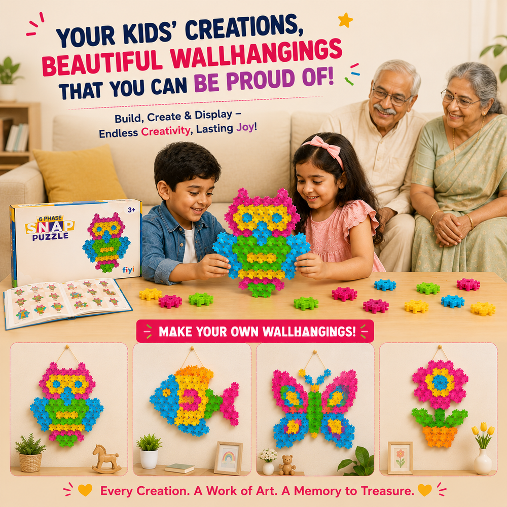 A family of four sits on a couch in a living room while a boy and girl build colorful flower and owl wall hangings from toy puzzle pieces on a table. The image includes product packaging, loose pieces, and examples of different designs, with promotional text overlays.