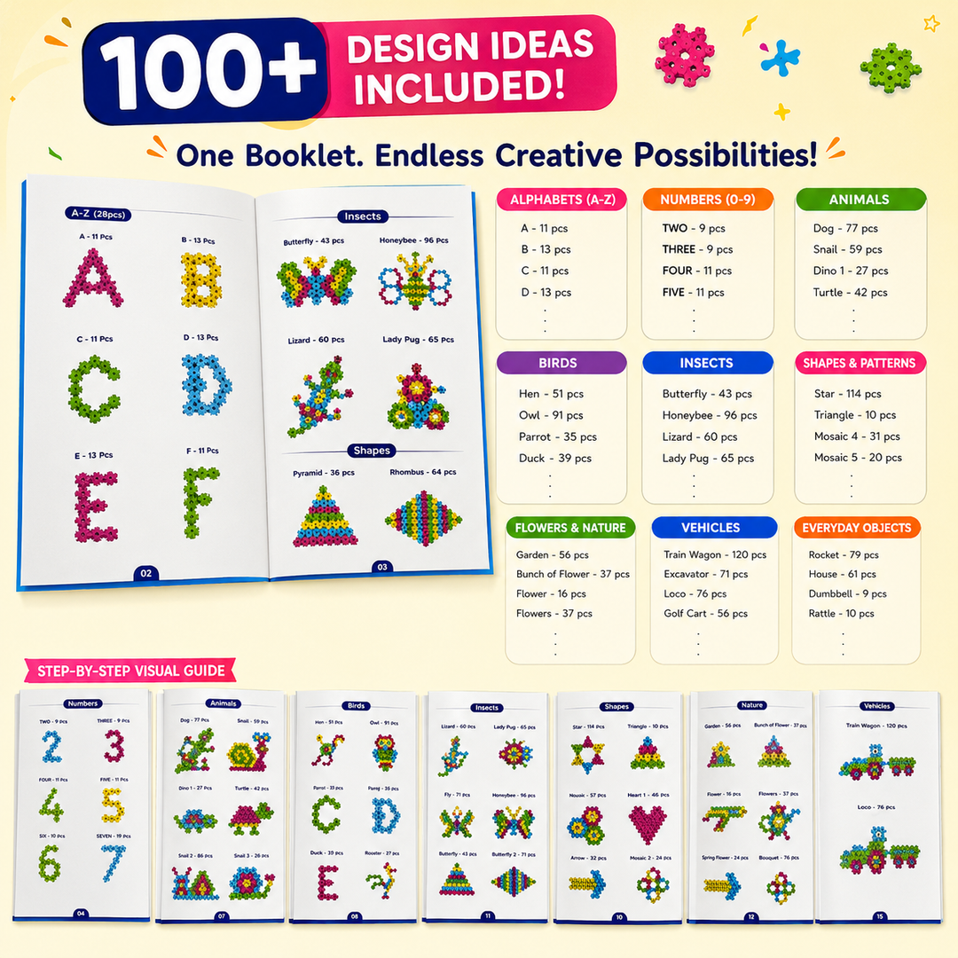 An open booklet of educational bead-link activity sheets with colorful alphabet, numbers, animals, flowers, vehicles, and step-by-step visual guides, plus a large header reading '100+ DESIGN IDEAS INCLUDED!'.