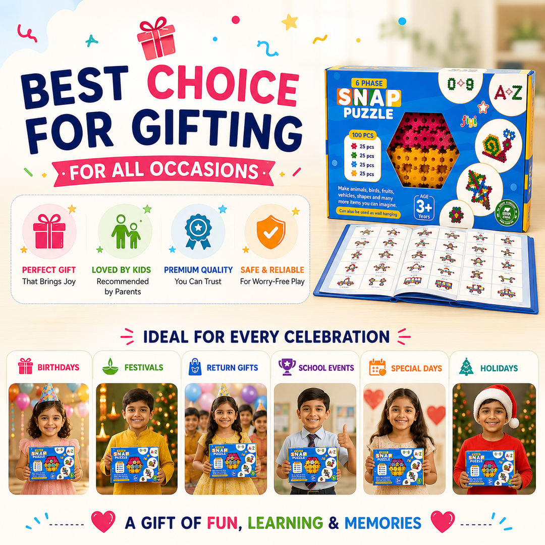 A promotional graphic for a kids' snap puzzle gift set. The image shows the blue retail box, an open display sheet of colorful magnetic snap pieces, and several small photos of children holding the product.