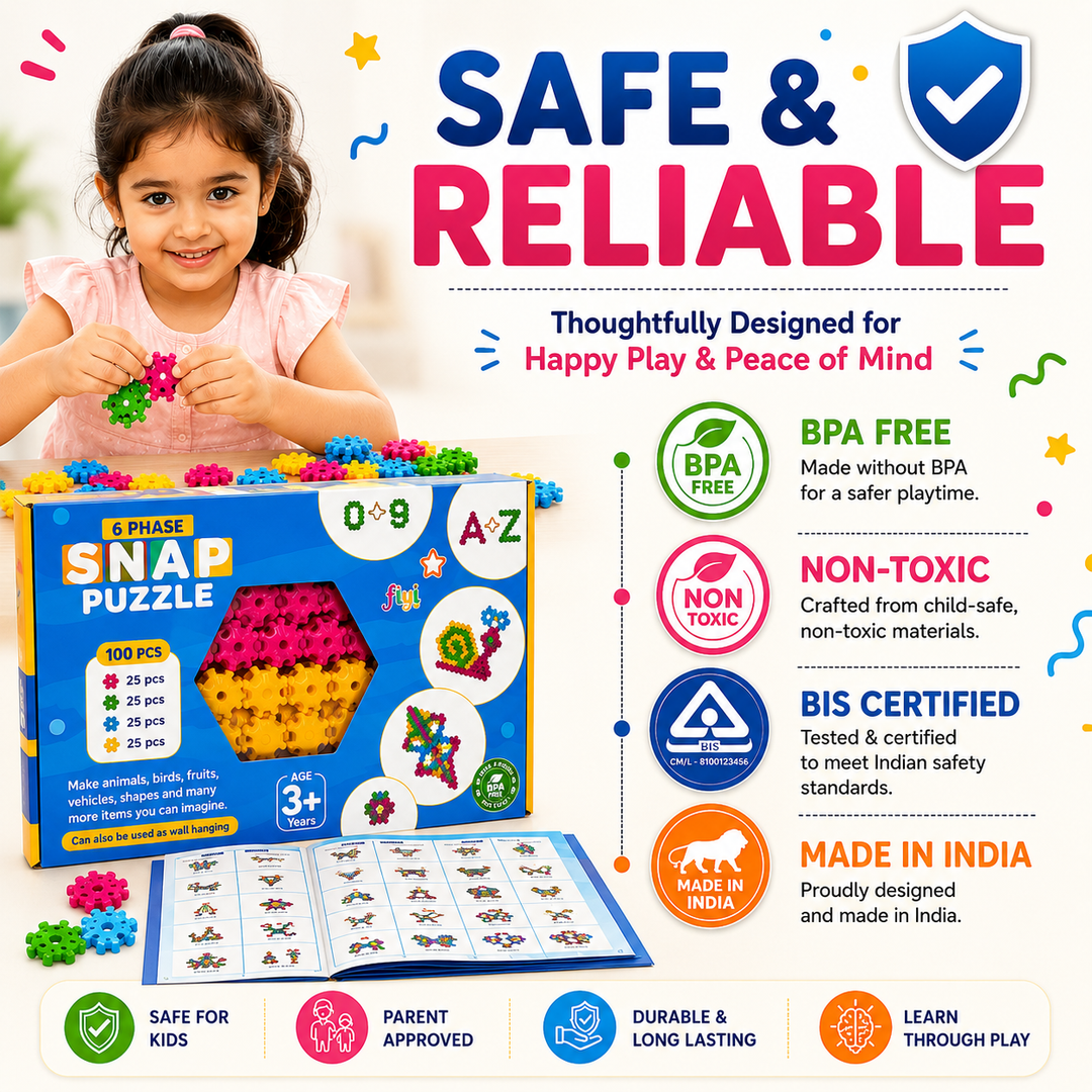 FLYI snap puzzle toy set shown with its colorful box, loose pegs, and a printed puzzle sheet. A young girl is smiling at the top left, interacting with the product.