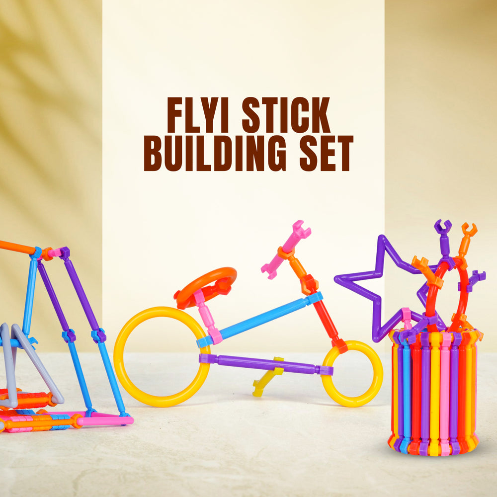 Colorful stick building set with 'FLYI Stick Building Set' text on a beige background