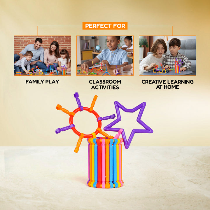 Colorful FLYI plastic building set with text indicating its use for family play, classroom activities, and creative learning at home.