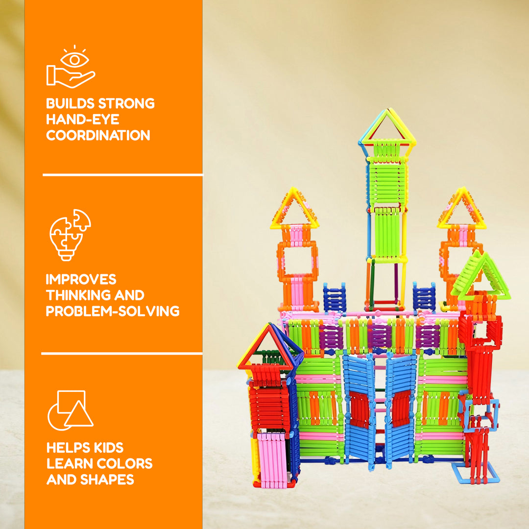 FLYI colorful magnetic building blocks with text about benefits. STEM learning toy with Smart Sticks building blocks for creativity