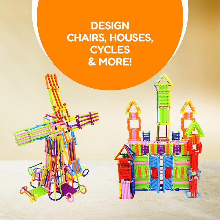 Colorful FLYI building blocks with text 'Design Chairs, Houses, Cycles & More!' on an orange circle.