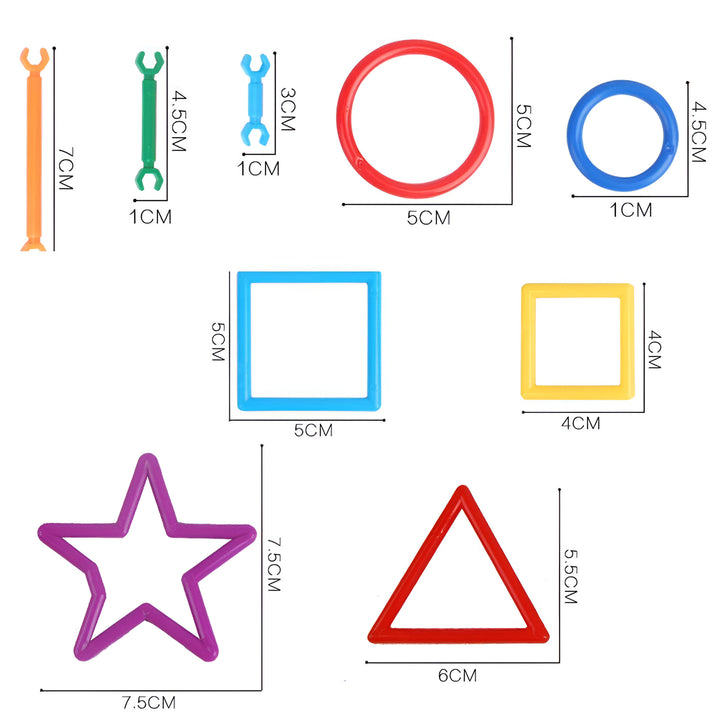 Colorful geometric and tool-shaped cookie cutters with measurements on a white background from FLYI
