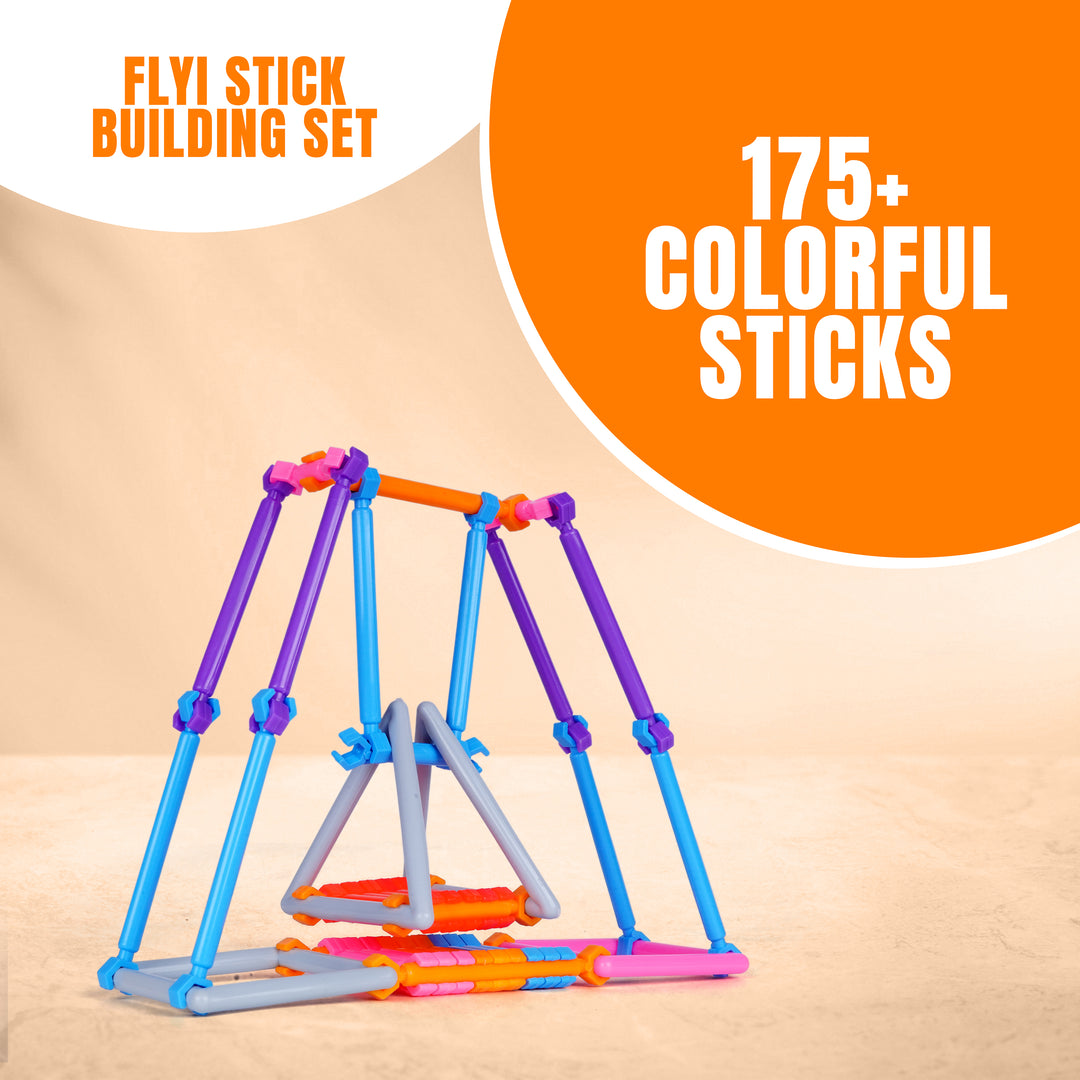 Colorful stick building set with 'FLY! STICK BUILDING SET' text and '175+ Colorful Sticks' on an orange and beige background.
