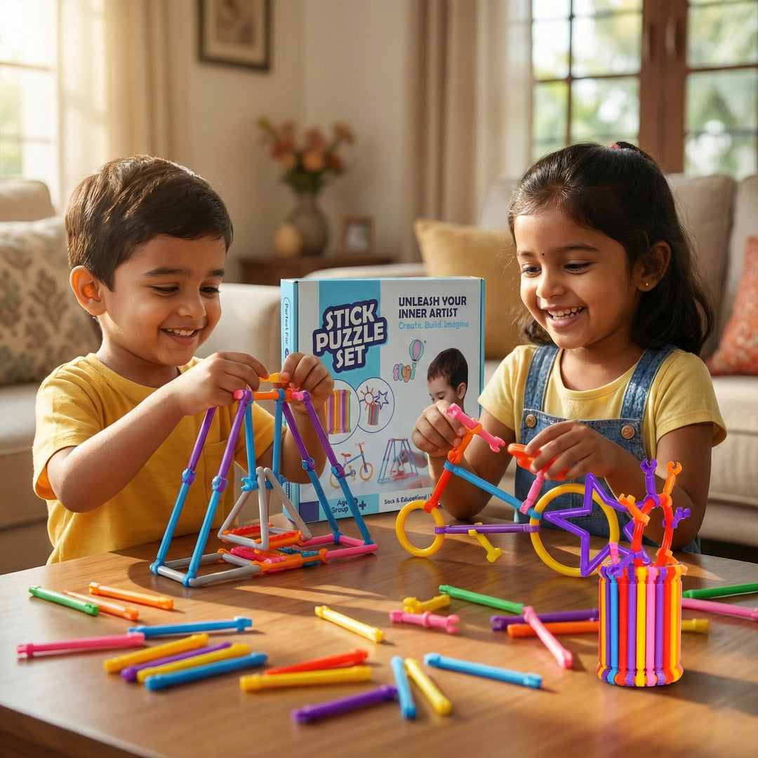 Child playing with FLYI stick building blocks diy creative construction during a hands-on activity.