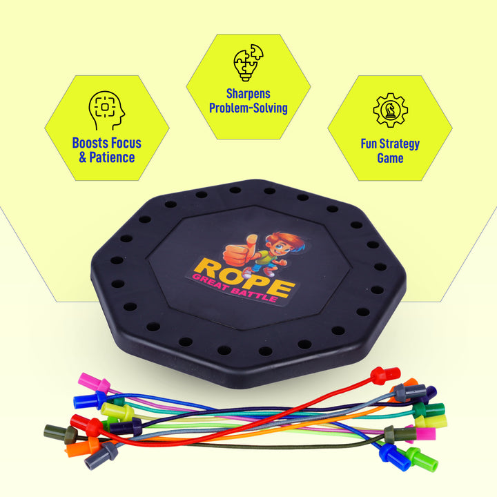 FLYI black game board with colorful ropes on a yellow background, featuring text about the game's benefits.