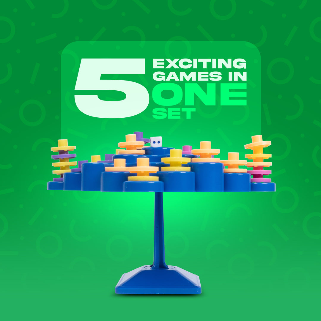 A blue game board stand with colorful game pieces arranged on it, set against a bright green background with a large sign reading '5 Exciting Games in One Set'.