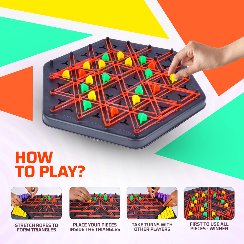 FLYI board game with colorful pieces on a geometric background
