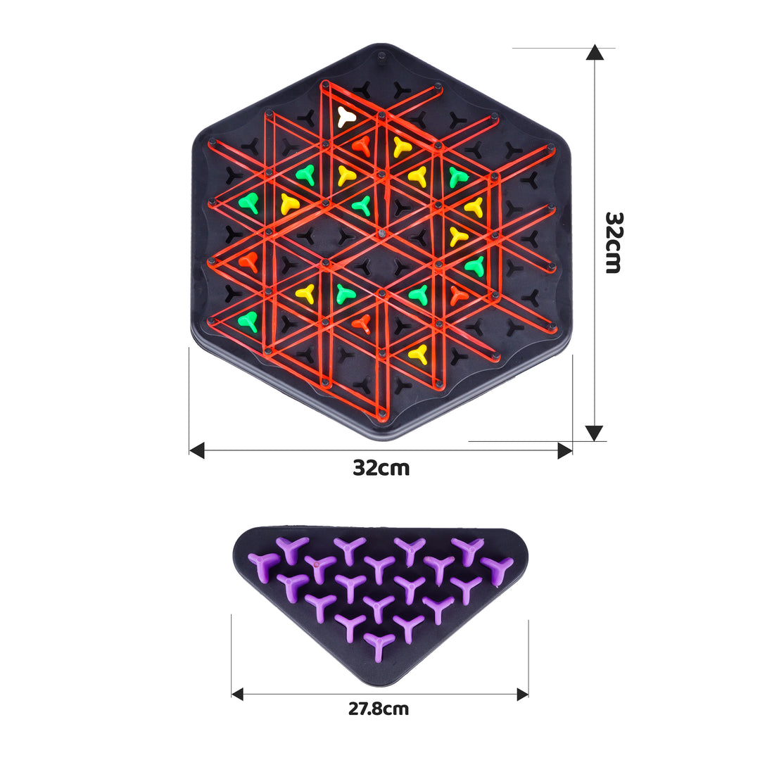 FLYI hexagonal puzzle with colorful triangle patterns and measurements on a white background