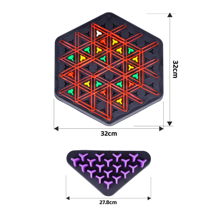 FLYI hexagonal puzzle with colorful triangle patterns and measurements on a white background