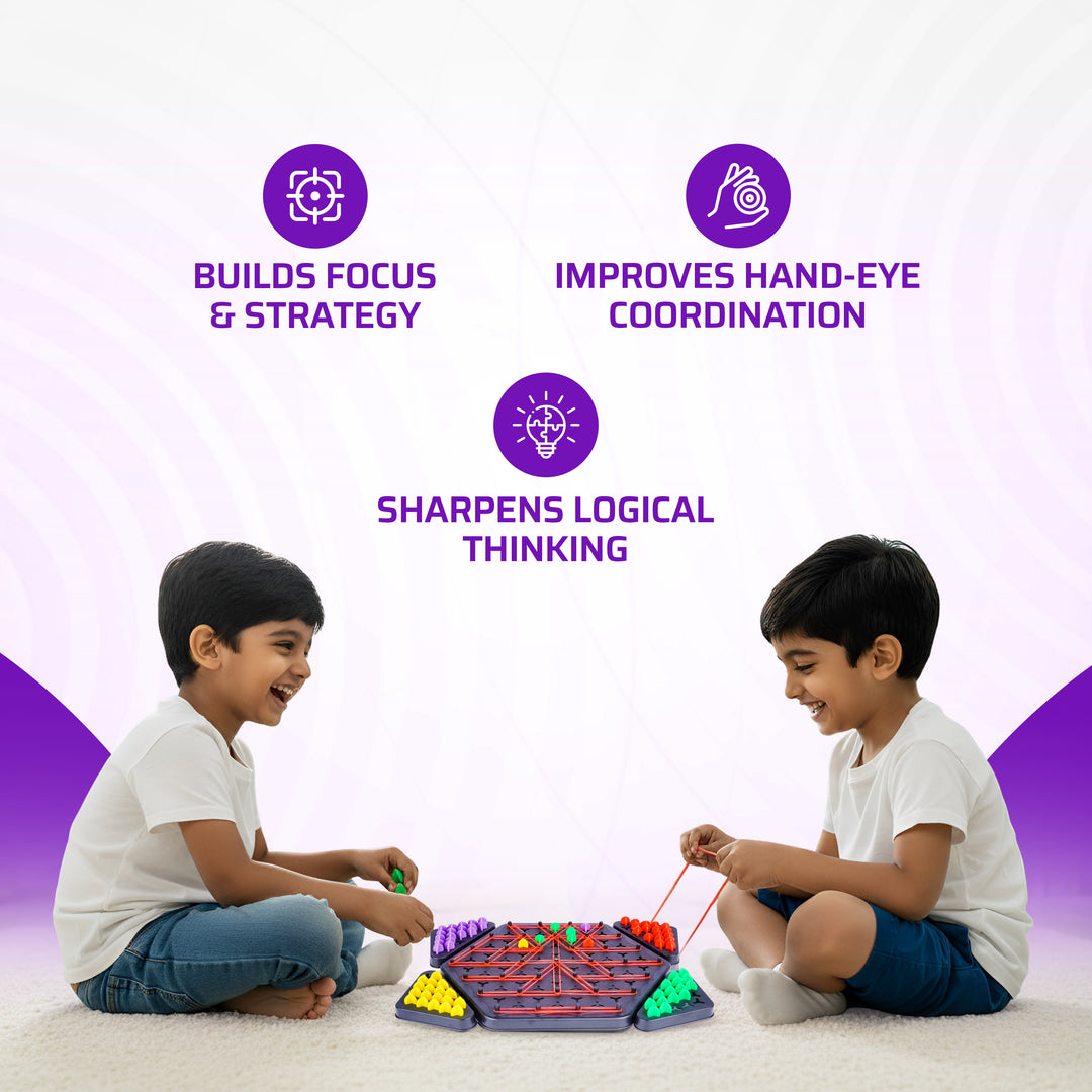Child playing with FLYI triangular chess game during a hands-on activity.