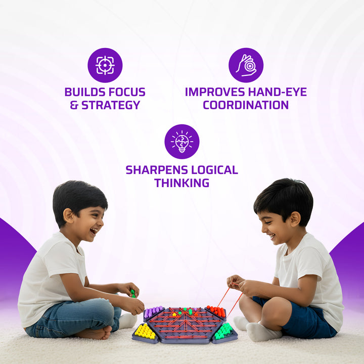 Child playing with FLYI triangular chess game during a hands-on activity.