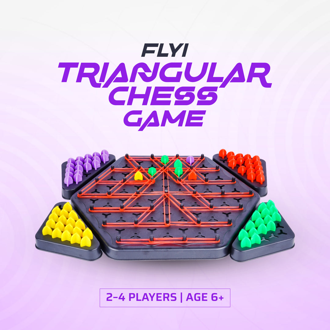 Triangular chess game set with colorful pieces on a light purple background, featuring the brand 'FLYI'.