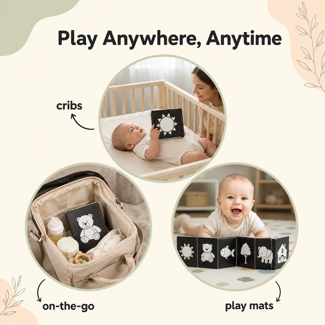 Promotional graphic for baby travel and play accessories with the headline 'Play Anywhere, Anytime.' Three circular lifestyle photos show a baby using a black sun play mat in a crib, a baby and adult holding a black sun play mat, and a baby smiling with a black animal-and-object play mat while sitting on the floor.