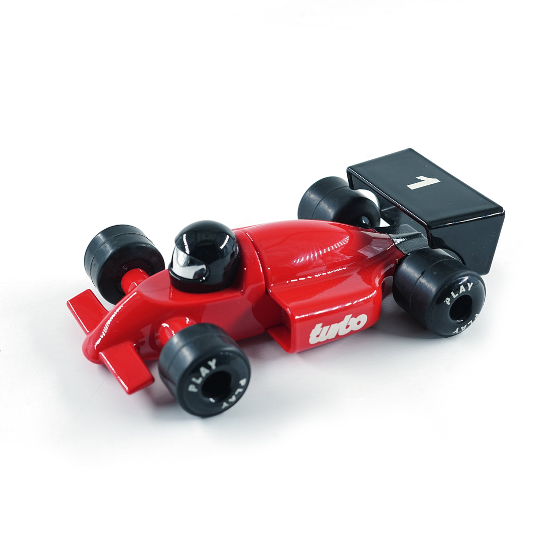 FLYI red toy race car with black wheels on a white background