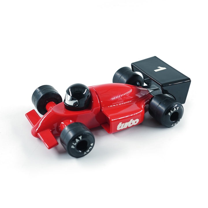 FLYI red toy race car with black wheels on a white background