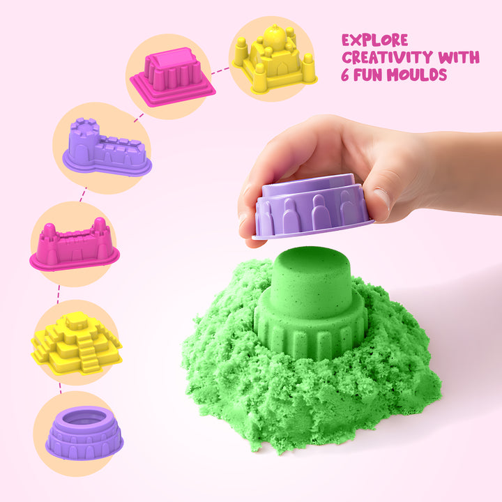 Child playing with FLYI wonder sand with six moulds play set during a hands-on activity.