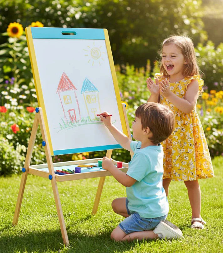 Child playing with FLYI wooden white board during a hands-on activity.