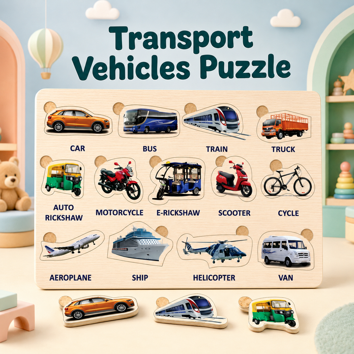 A children's wooden puzzle board titled 'Transport Vehicles Puzzle' showing labeled cutout vehicle pieces such as car, bus, train, truck, auto rickshaw, motorcycle, e-rickshaw, scooter, bicycle, aeroplane, ship, helicopter, and van, with a few loose pieces in front on a pastel toy-styled background.