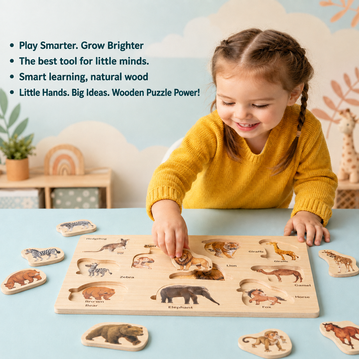A young child with braided hair wearing a yellow sweater is playing with a wooden animal puzzle board on a light blue table. The puzzle features carved animal shapes with labeled names such as elephant, lion, giraffe, zebra, and tiger.