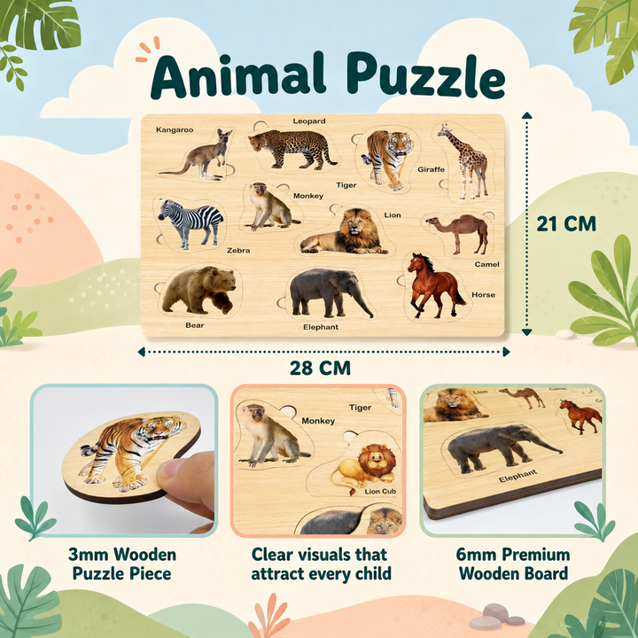 An educational animal puzzle set shown on a decorative pastel background. The main product is a rectangular wooden puzzle board labeled 'Animal Puzzle' with labeled animal illustrations and dimensions 28 CM wide by 21 CM tall.